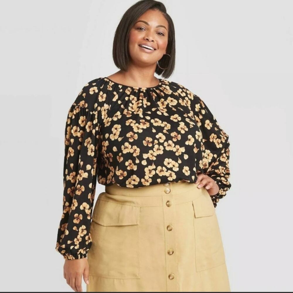 Ava &‎ Viv Black Floral Print Blouse Size X (14)
